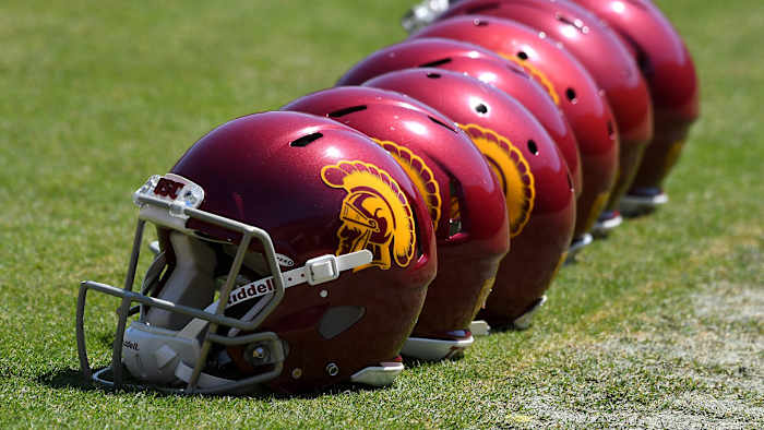 USC Trojans helmets on the field before the start of the annual 2017 Spring Game at the Los Angeles Memorial Coliseum